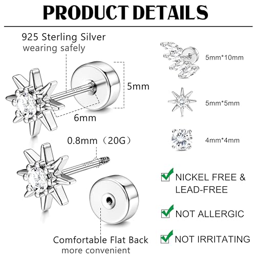 Dochais Flat Back Sterling Silver Earrings 14K Gold Plated Hypoallergenic Stud Earrings for Women Men Tragus Helix Piercing Jewelry Small Cubic Zirconia Cartilage Earring Sets2