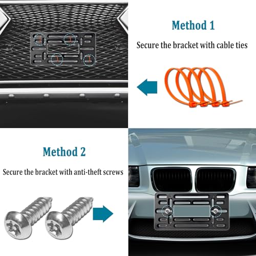 Aootf Front License Plate Bracket Holder- Front License Plate Mounting Kit for 2 Drill Holes Bumper, Universal Car Tag Adapter with Anti Theft Stainless Steel Screw Bolt Caps