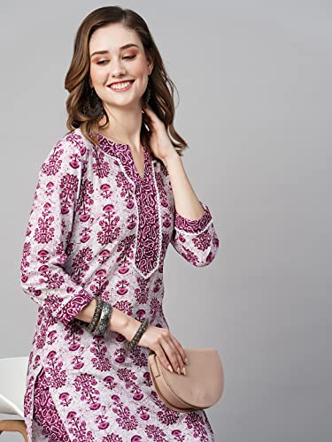 Image of GoSriKi Women's Cotton Blend Printed Straight Kurta with Pant (Navya Pink-GS)