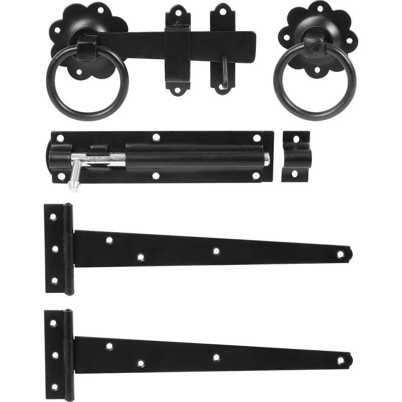 Hardware-Solutions, Plain Ring Gate Latch Kit, 152mm Latch with 10" Tee Hinges Pair and 6" Tower Door Bolt, Matt Black