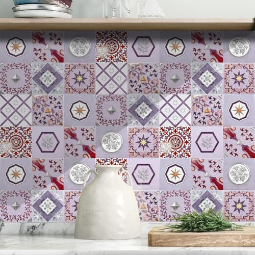 Vinilos Resistentes Al Calor 20x20cm Geometría Blanca Púrpura Baldosas Adhesivas Pared para Decoración | Material Vinilo Duradero, Impermeable y Fácil de Limpiar | Ideal para Cocina,Sala de Estar