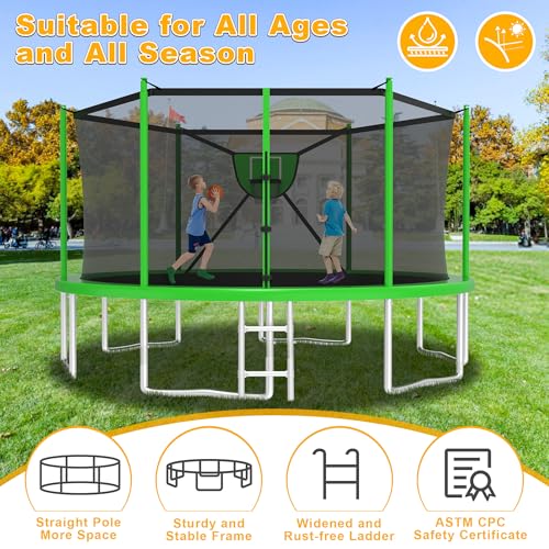 2025 Upgrade 1500LBS Outdoor Tranpoline for Kids and Adults 【Easy to Install & Built to Last】 10FT 12FT 14FT 16FT Recreational Tranpolines with Net, Basketball Hoop and Ladder, ASTM Approved