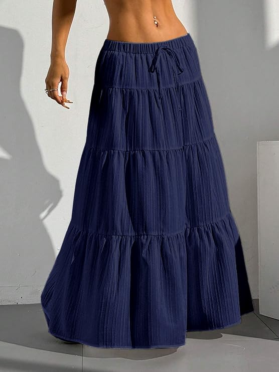 Image of Jawdrobe Women's Georgette Ruffle Hem Long Flared Skirt Lightweight Soft Fabric| High-Waisted Ruffled Maxi Plain and Pleated Skirt