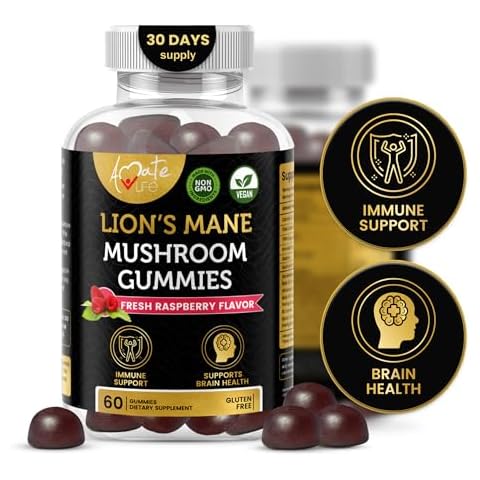 Amate Life Mushroom Gummies for Adults | 10 Mushroom Complex with Lions Mane Reishi Chaga & Cordyceps Mushroom | Brain, Immune & Energy Support | Raspberry Flavor Cover