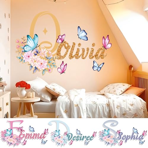 AdesiivoStudio Pegatina Personalizada con Nombre Efecto de Brillantina - Diseño Floral y Mariposa, Decoracion Habitacion Infantil, Vinilo Adhesivo Pared - Decoración de Habitación para Niñas