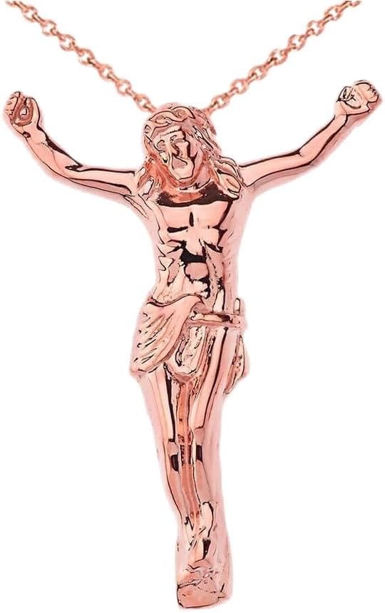 10K or 14K Rose Gold 1.90" Catholic Jesus Christ on Cross Crucifix Pendant Necklace - Choose Pendant Only or Necklace Chain Length