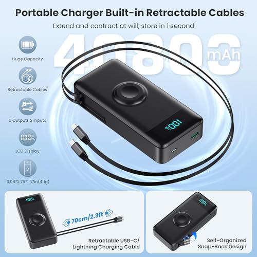 Image of 5-in-1 Portable Charger for iPhone,40800mAh Power Bank Built-in Retractable Cable and iWatch Charger,25W PD QC4.0 Fast Charging Battery Pack,Travel Essential Charger for iPhone 17 /Air /16,Android,Black