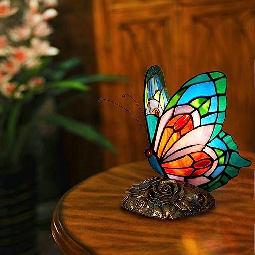 Fumat FMTL190105-4 Bedside Table Lamp Led Tiffany Blue Fairy Butterfly Nightstand Table Lamps Stained Glass Shade On Off Switch Home Office Desk Lamp Night Light Girl Grandma Mothers Day Gifts W/Gift Box thumb #2