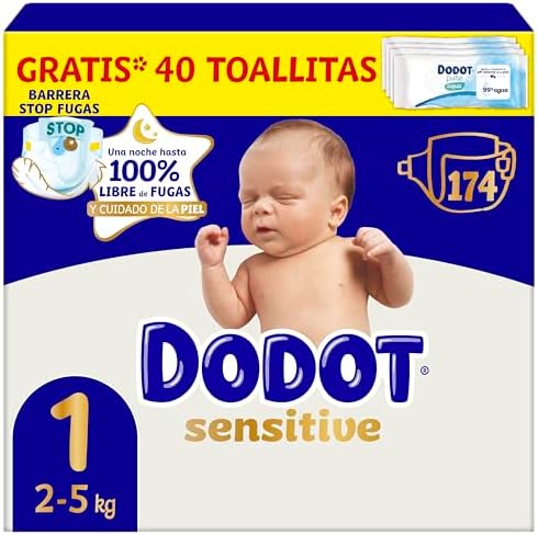 Dodot Pañales Bebé Sensitive Talla 1 (2-5 kg), 174 Pañales + 1 Pa...