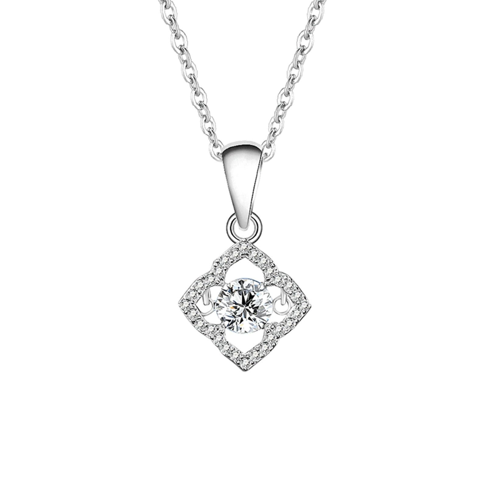 Collana in Oro Bianco 9/14/18Kt, Cavo Rombi con Bianco Moissanite Ciondolo Donna Oro 375/585/750, 40+5cm