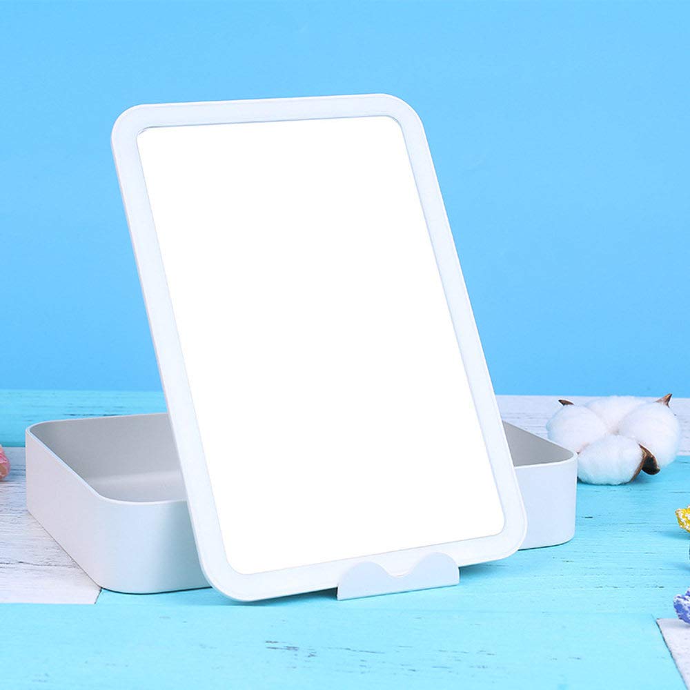 WHHJW Foldable LED Vanity Makeup Mirror, 360° Swivel, Adjustable Brightness, USB Charging, Storage Box, Dimmable, Living Room Hotel Beauty Salon Spa Table Light,Blue