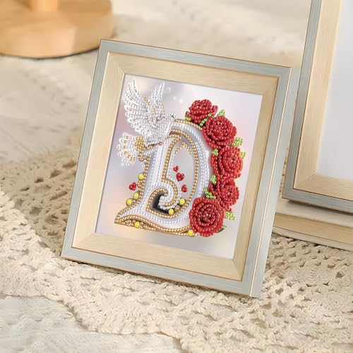 Image of AiYuanzsh 5D DIY Diamond Art Kits for Adults, Decorative Rose Dove Letter D Special Shape Diamond Painting, Floral Letter Diamond Art Crafts for Elegant Wall Display 17x17cm