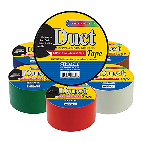 Image of BAZIC PRODUCTS Assorted Color Duct Tape, 1.88 in x 10 Yd, 6 Ct, 36-Case | rolls of 1.88 in x 10 yd cloth-backed duct tape in 6 assorted colors for crafts, color-coding, repairs