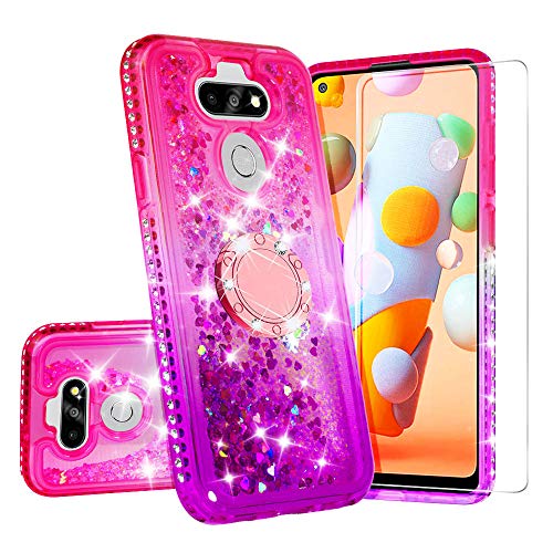 SOGA Rhinestone Quicksand Cover Cute Girl Phone Case Compatible for LG Aristo 5/Phoenix 5/Tribute Monarch/Fortune 3/Risio 4/LG K31 Case with Ring for Magnetic Car Mounts and Lanyard - Purple/Pink
