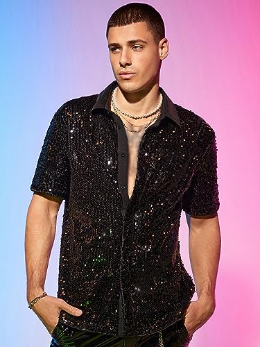 WDIRARA Men's Sequin Color Block Short Sleeve Collared Neck Button Down Shirt Party Club Tops4