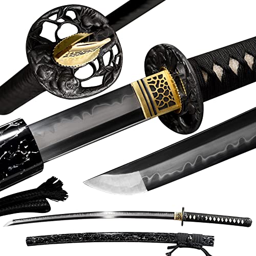 FengYu SWORD T10 Steel Clay Tempered with Hamon Handmade Black Katana Sword Snowflake Scabbard Real Japanese Samurai Sword Full Tang