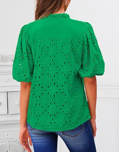 BETTE BOUTIK Women's Long Short Sleeve Tops 2025 Dressy Casual Button Hollow Out Lace Embroidered Blouses Shirts