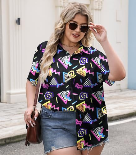 Plus Size 80s 90s Outfits for Women 90s Theme Party Disco Shirt 80s Hawaiian T-Shirt Retro Neon Button Down Blouse Tops4