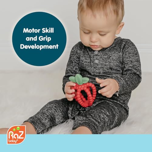 Image of RaZbaby Silicone Infant & Baby Teething Toy, Textured BerryBumps Soothe Babies Sore Gums, RaZberry Bites Relief Teether, Back & Front Teeth, BPA Free, Fruit Shape for Babies 3M+ (Red & Blue)