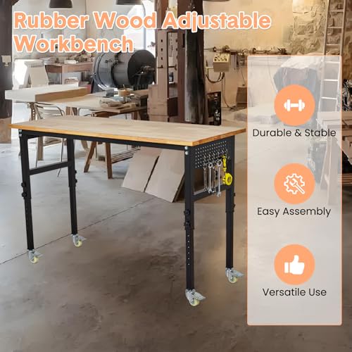 60'' Adjustable Workbench with Power Outlet & Scale,29"-40" Height Adjustment Rolling Mobile Workbench,2000 Lbs Load Capacity Rubber Wood Workstation,Heavy Duty Work Table,for Garage,Workshop