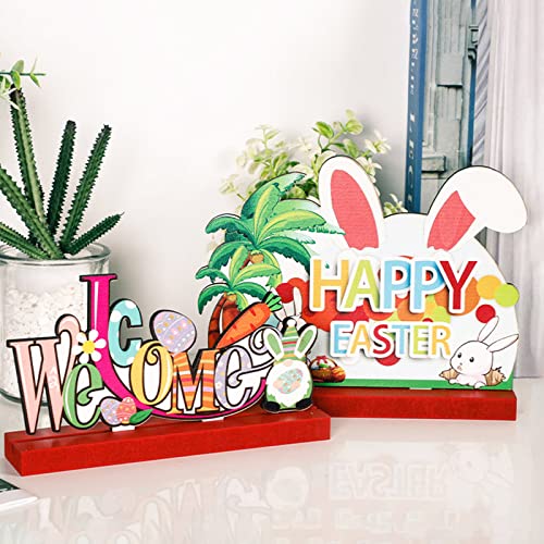 Dabey Ornamentos de mesa de madeira de páscoa decoração com tema de coelho de páscoa enfeites de mes