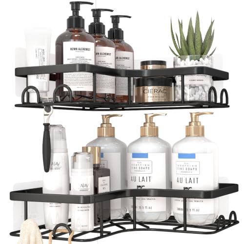 Sakugi Corner Shower Caddy - 2 Pack Adhesive Shower Organizers Rustproof Stainless Steel Shower Shelves with 8 Hooks No Drilling Bathroom Organizers Space-Saving Black 21.5 4.3 21.5 cm