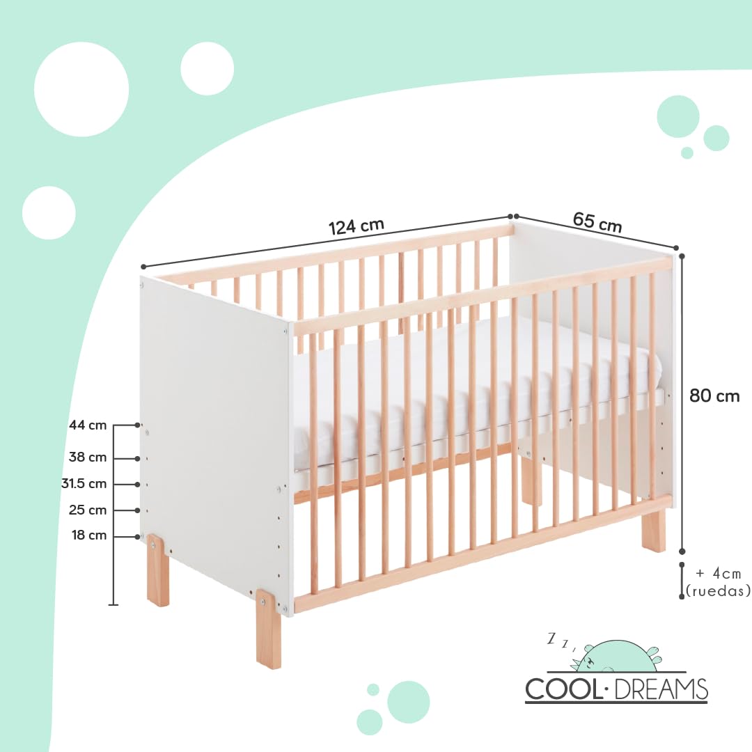 Cuna colecho Convertible en Cama Umami. Incluye colchon Morfeo, Kit colecho, barandillas de Seguridad y 4 Ruedas CoolDreams