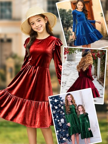 Girls Christmas Dress Velvet Fall Winter Ruffled Crew Neck Long Sleeve A-line Party Outfits Dresses4