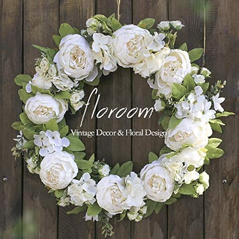 Floroom Floral Wreath, Door Wreath, 20'' Artificial White Peony Hydrangea Wreath for Front Door, Wedding Decorations Wall Decor Cover