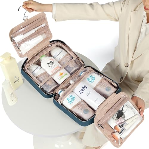 Image of NISHEL Travel Toiletry Bag for women, Portable Hanging Organizer for Family-Sized Shampoo, Conditioner, Brushes Set, Makeup Accessories, Extra Large Size, Lake-Blue