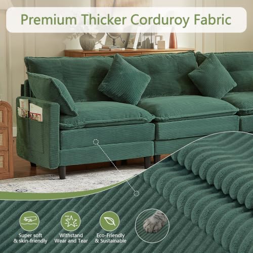 107.3'' Oversized Cloud Couch U Shaped Modular Sectional Sofa, Premier Comfy Corduroy Couch with Ottoman, Modern 3 Deep Seat Sectional Couches for Living Room, Solid Wood Frame&Spring,Tool-Free Green - Image 4