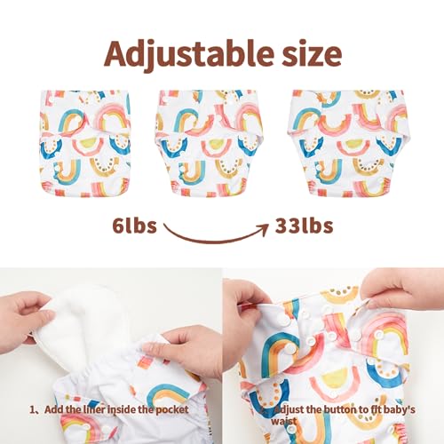 Image of HappyFlute 9 Sets Newborn Baby Cloth Pocket Diapers Adjustable Reusable for Baby Boys and Girls(6-33 pounds,0-3 Years),One Wet Bag+4Diapers and 4Inserts (AD06)