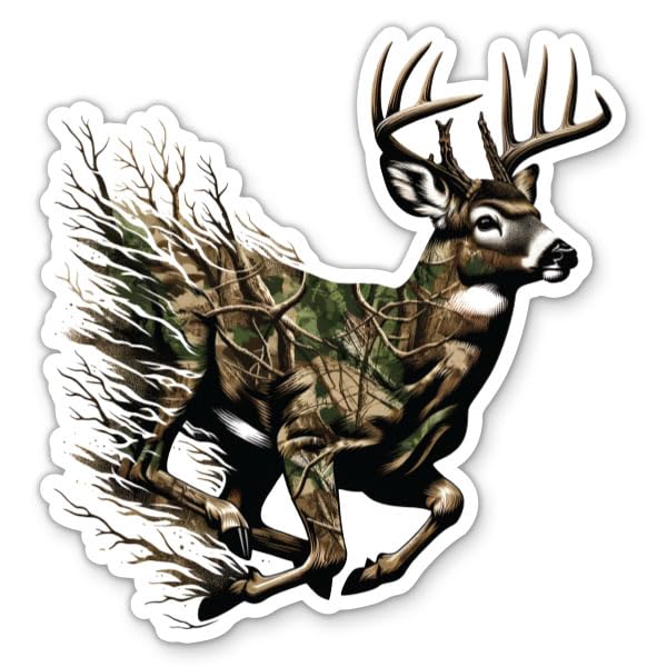 Camo Whitetail Deer Running Sticker - for Water Bottle Phone Car Tumbler Laptop - Buck Hunting White Tail Decal - Waterproof Vinyl - 3'