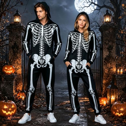 Men's Skeleton Halloween Costume Adult Unisex Skull Jumpsuit Pajamas Onesie Cozy One Piece Cosplay Party - image 2