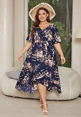Image of Keluummi Plus Size Maxi Dress for Women V-Neck Floral Empire Waist 3 /4 Sleeve with Pockets