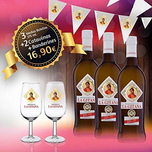 Manzanilla La Gitana - Pack 3 Botellas 37,5 Cl. + 2 Catavinos + Banderines
