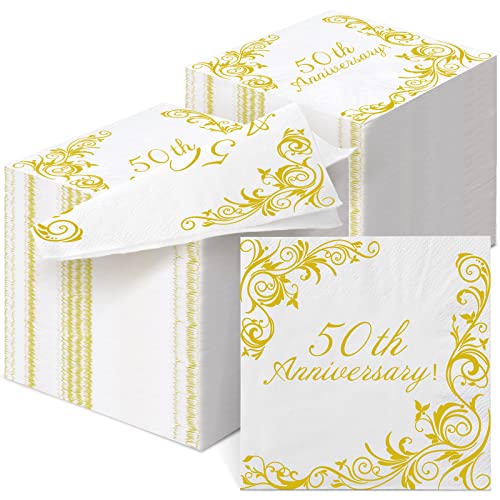 Spiareal 120 Pcs Wedding Anniversary Gold Paper Cocktail Napkins 2 Ply Disposable Beverage Dessert Napkins for Wedding Bridal Party(50th Anniversary)