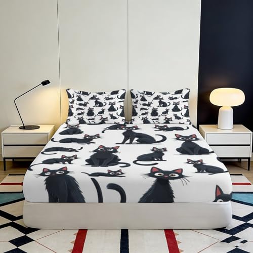 Drap housse chat noir 160x200x25cm en microfibre imprimée 3D