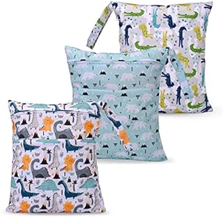 SEEBEL 3pcs Cloth Diaper Wet Dry Bags Waterproof Reusable with Two Zippered Pockets Travel Beach Pool Daycare Soiled Baby Items Yoga Gym Bag for Swimsuits or Wet Clothes (Dinosaur,Polar bear)