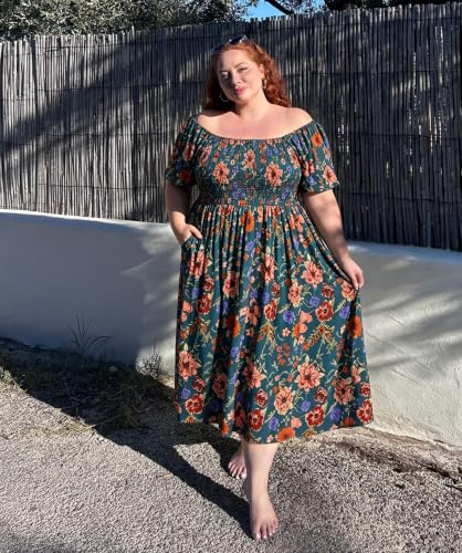 Image of RITERA Plus Size Dresses for Curvy Women Square Neck Short Sleeve Summer Floral Smocked Maxi Dress with Pocket XL-5XL