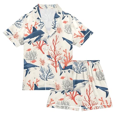 ALAZA Shark Coral Reef Vintage Pajamas Satin Pajama Set Short Sleeve Button Down Sleepwear