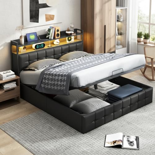 BLSYHDH Lit Coffre 140x190 avec LED,Lit Rembourré LED Hydraulique avec Port USB LIT Rembourré...