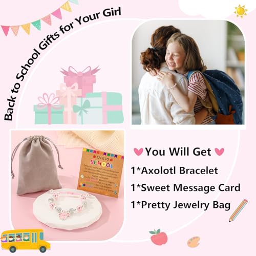 Back to School First Day of Kindergarten Bracelets Gifts Stuff for Girls Kids, Adjustable Axolotl Charm Pearl Bracelet Jewelry Gifts for Daughter Granddaughter