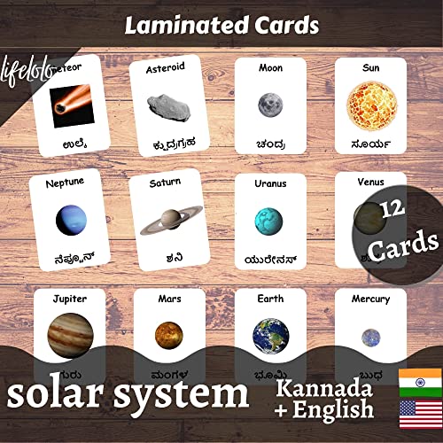 Image of Kannada English Bilingual Flash Cards | Montessori Cards | Laminated Flash Cards | Early Education (Solar System - 12 Cards)