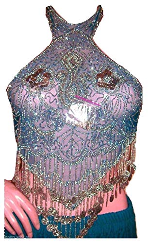 Dancer World Ltd Petite Neckholder Top Bauchtanz Kostüm Sequin Net Mesh Tops Turq Silber Talla única