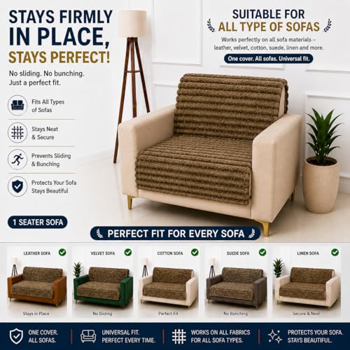 Image of Homerz Premium Rabbit Fur Sofa Cover with Anti-Skid Backing, Soft Plush Fabric Sofa Protector for Living Room Furniture (Coffee, 1 Seater, Seat Cover with Backrest)