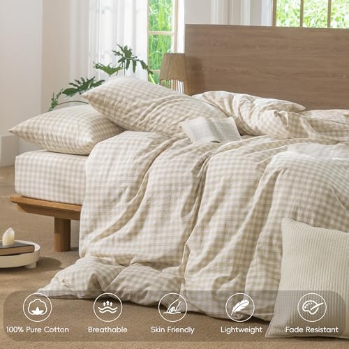 Image of MooMee Gingham Duvet Cover Set 100% Washed Cotton Linen Like Textured Breathable Durable Soft Comfy Modern Checkered Design (Almond Milk Grey Gingham, Twin 68 inchx90 inch)