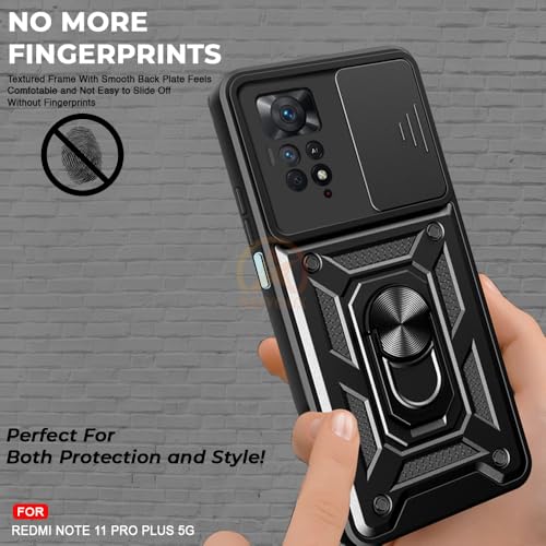 Image of Armor Bumper Back Cover Case for Redmi Note 11 Pro / 11 Pro Plus Rotating Camera Cover, Ring Holder & Kickstand | Heavy Duty & 360 Degree Protection Back Cover (Black)