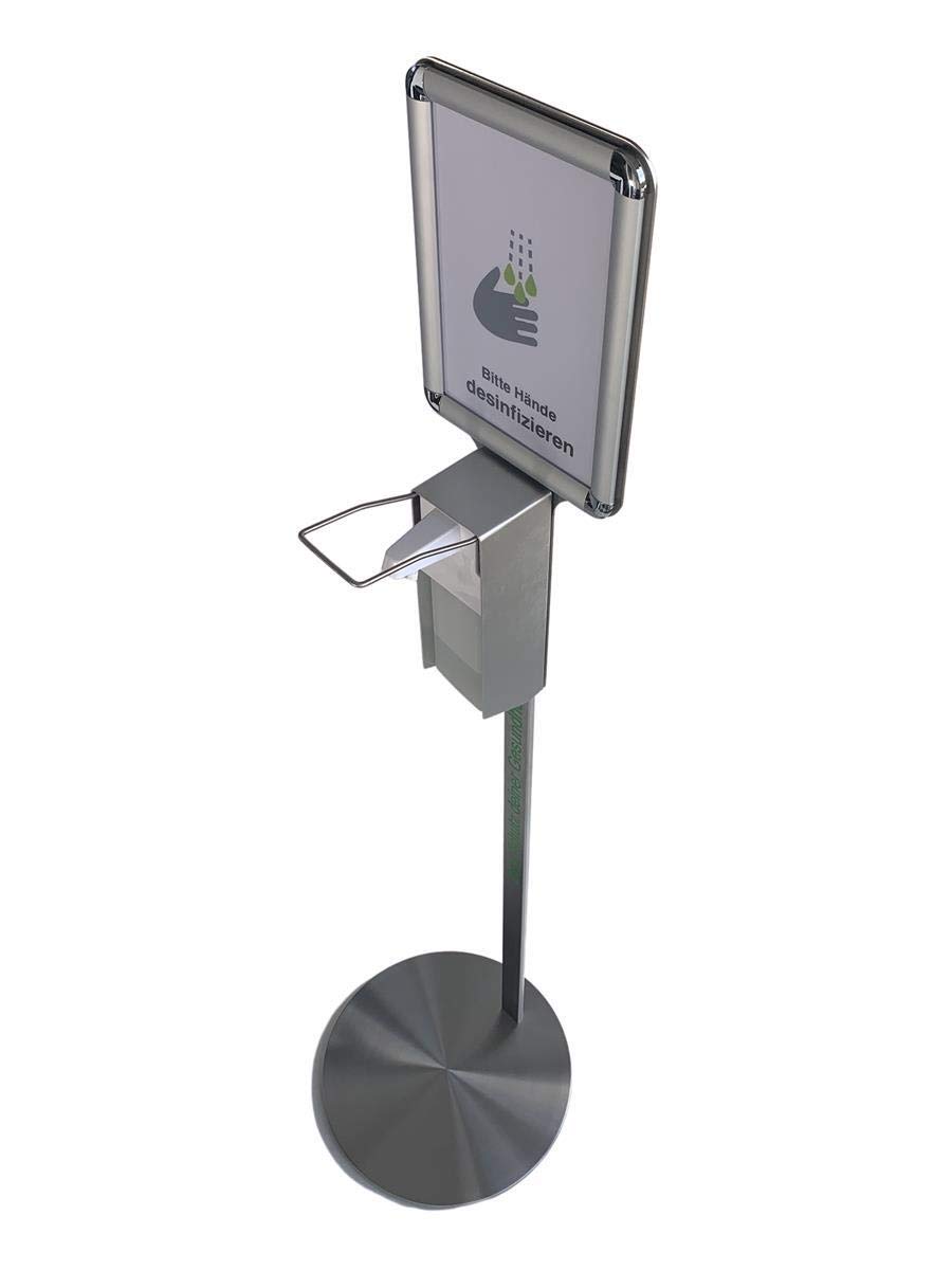 Hygienestation HS-600 mit Schild für Desinfektionsmittel | 500ml Behälter | Sockel Edelstahl verkleidet