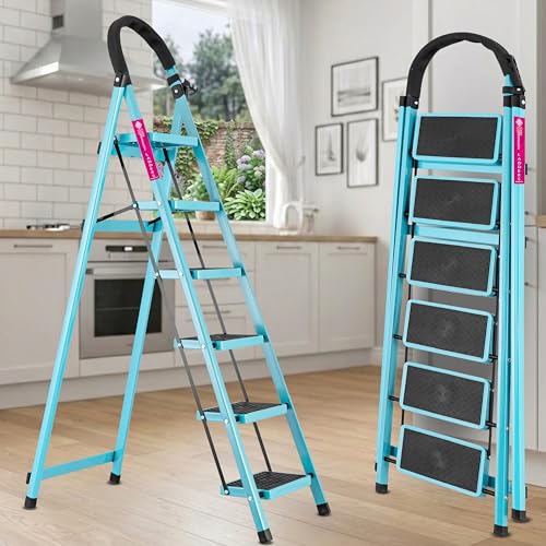 Image of Casa Copenhagen Teal Blue 6 Step Ladder for Home Use with Built-in Tool Tray | Heavy Duty D Shape Rods | Ultra Large Platform | Wide Rubber Feet | 150Kg Capacity Foldable Ladder - 7 Years Warranty